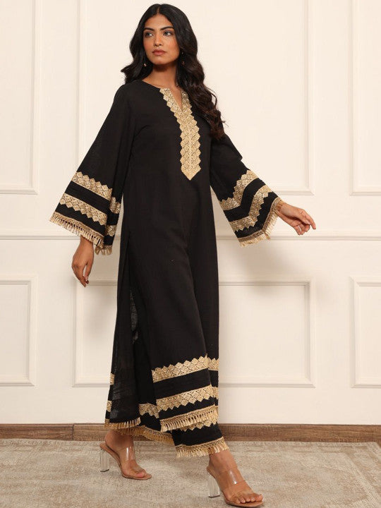IMROZ HOUSE Floral Printed Organic Cotton Flared Sleeves Straight Fusion Kurta With Trousers