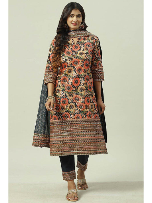 Black &amp; Multi Floral Printed Kurta (Set of 3)