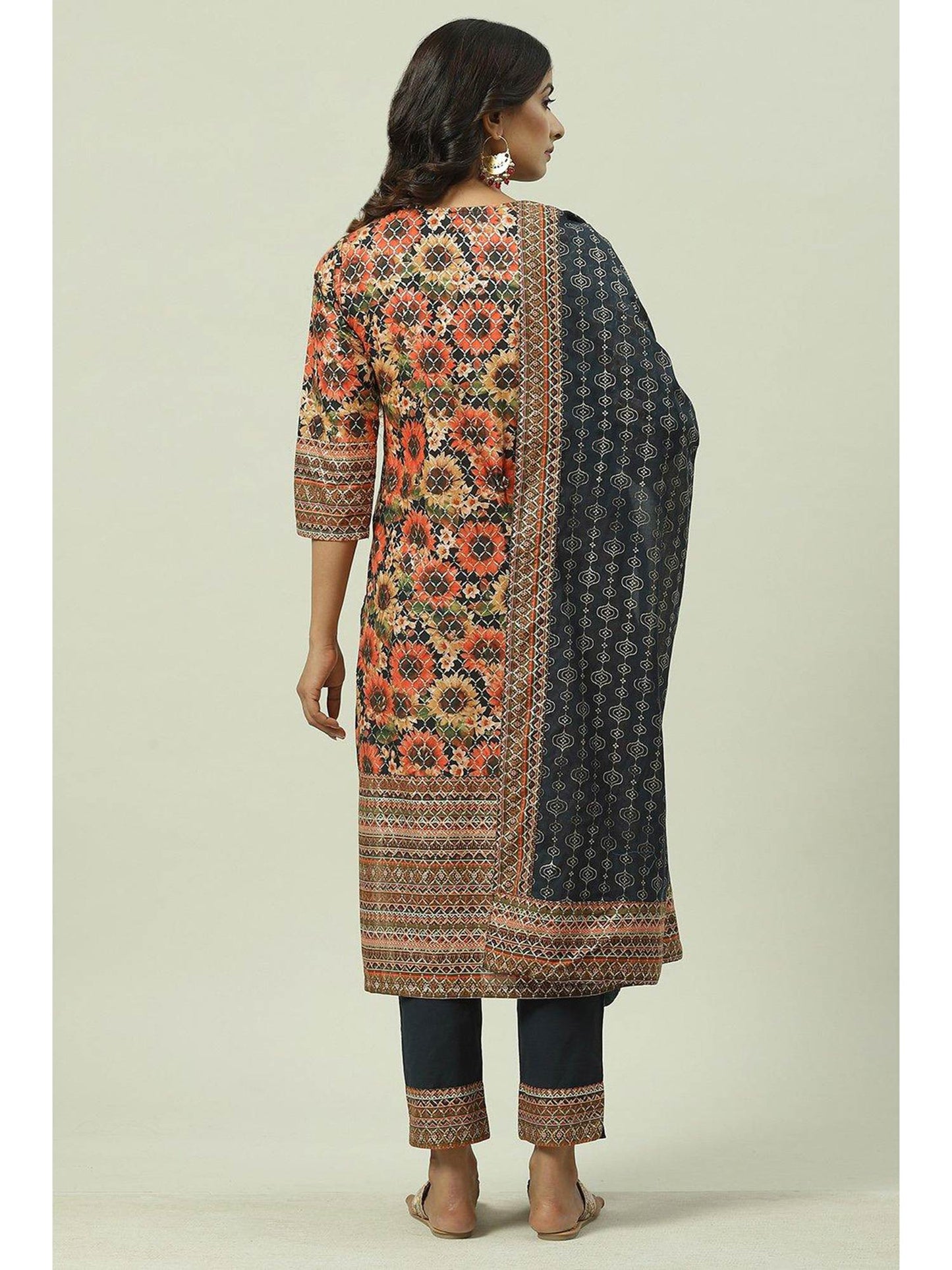 Black &amp; Multi Floral Printed Kurta (Set of 3)