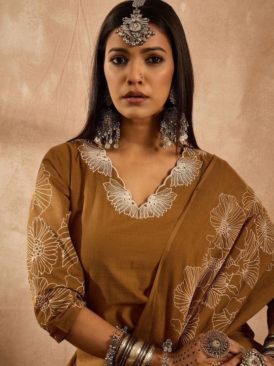 Indo Era Women Floral Embroidered Regular Sequinned Pure Cotton Kurta with Trousers & With Dupatta
