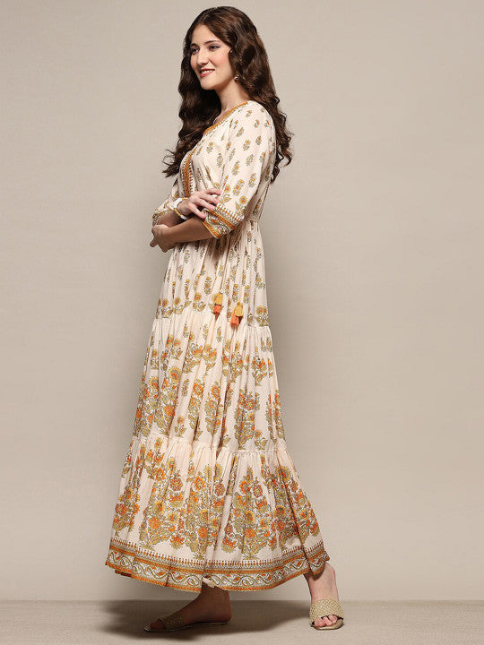 Biba Ethnic Motifs Printed Notched Neck Maxi Cotton Dress for Women