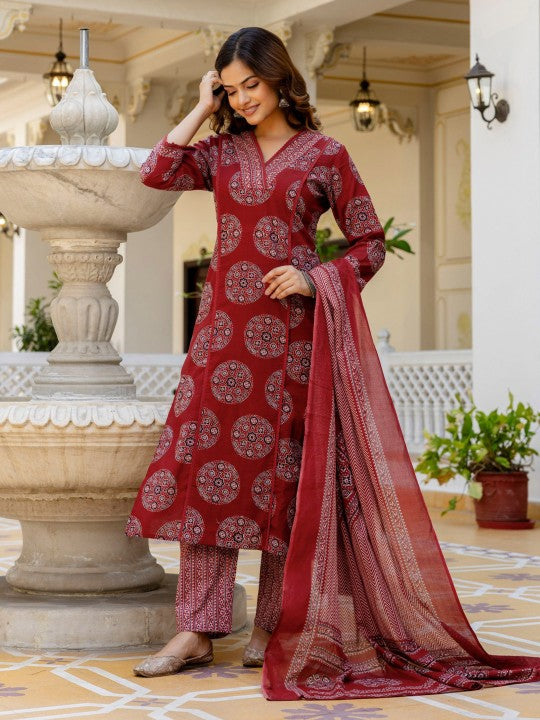 Anouk Women Printed Regular Mirror Work Pure Cotton Kurta with Palazzos & With Dupatta