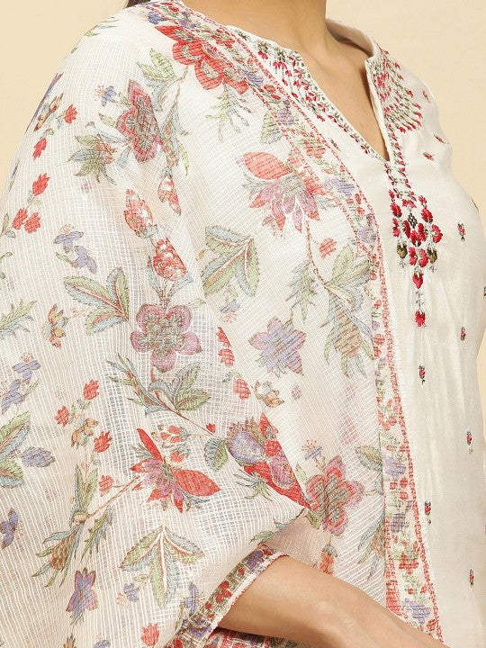 W Floral Embroidered Regular Kurta With Slim Trousers & Dupatta