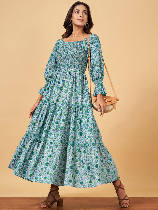 YU by Pantaloons Floral Printed Puff Sleeve Pure Cotton Fit & Flare Maxi Ethnic Dresses