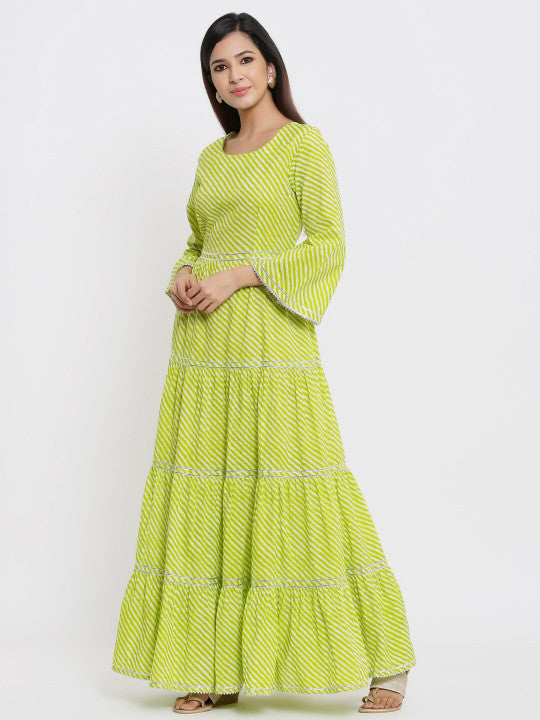 Indian Virasat Women Green Striped Ethnic Maxi Dress
