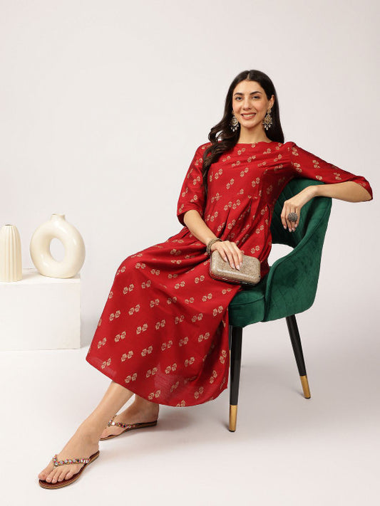 Anouk Ethnic Motifs Print A-Line Midi Dress