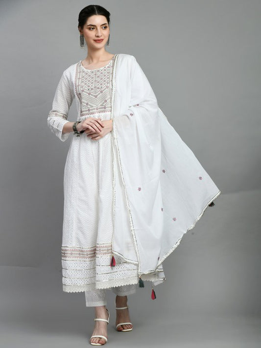 all about you Women Yoke Design Angrakha Thread Work Pure Cotton Kurta with Trousers & With Dupatta