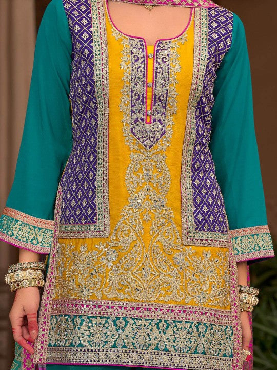 Indo Era Floral Embroidered Notch Neck Mirror Work Kurta