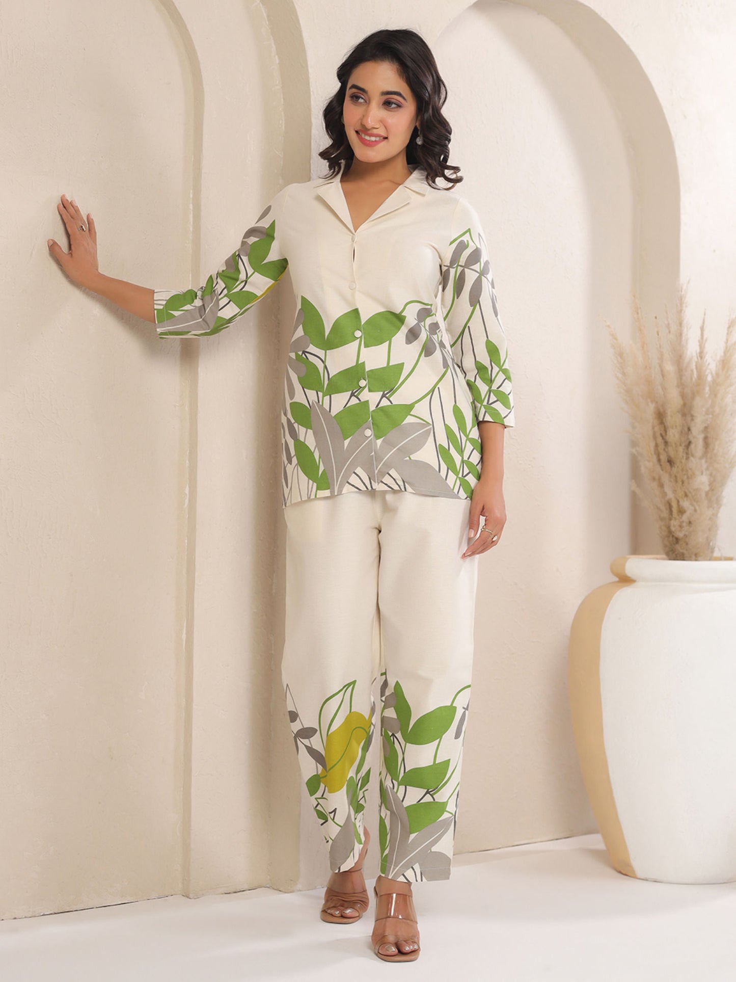 Cream Printed Cotton Blend Shirt with Pant