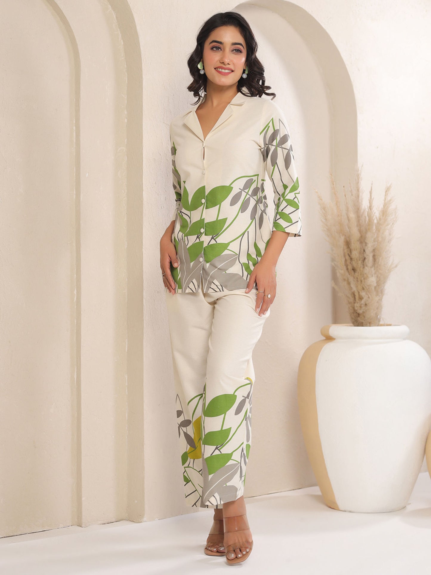 Cream Printed Cotton Blend Shirt with Pant
