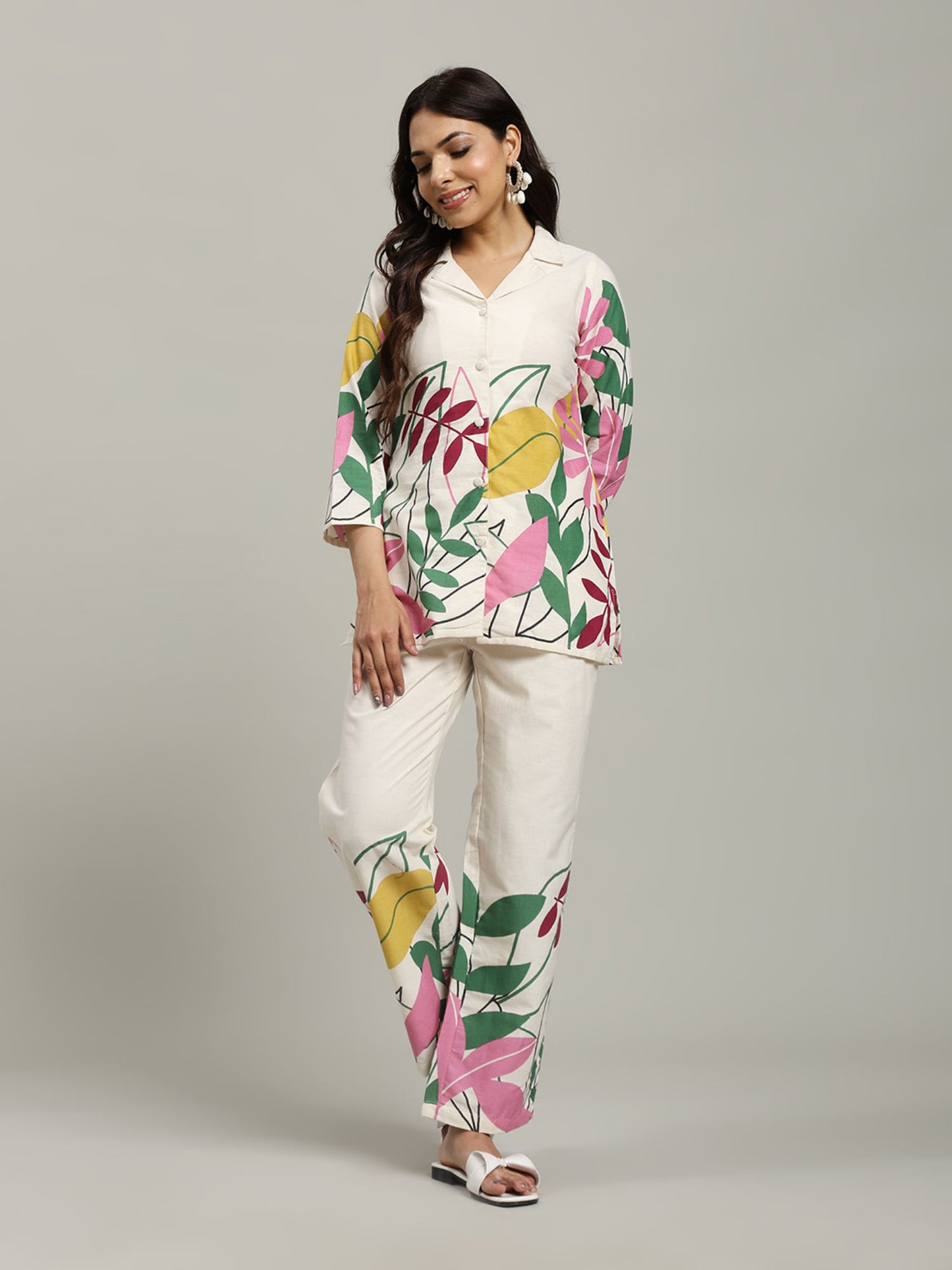 Cream Printed Cotton Blend Shirt with Pant