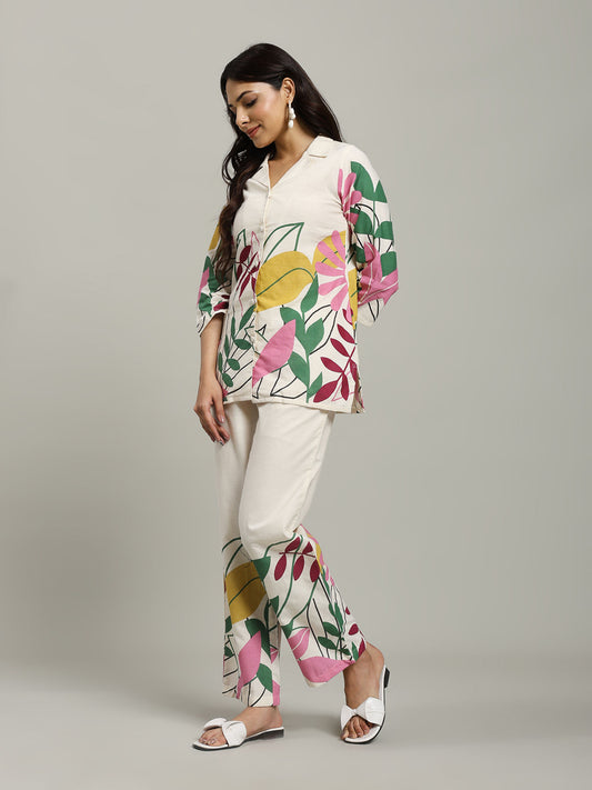 Cream Printed Cotton Blend Shirt with Pant