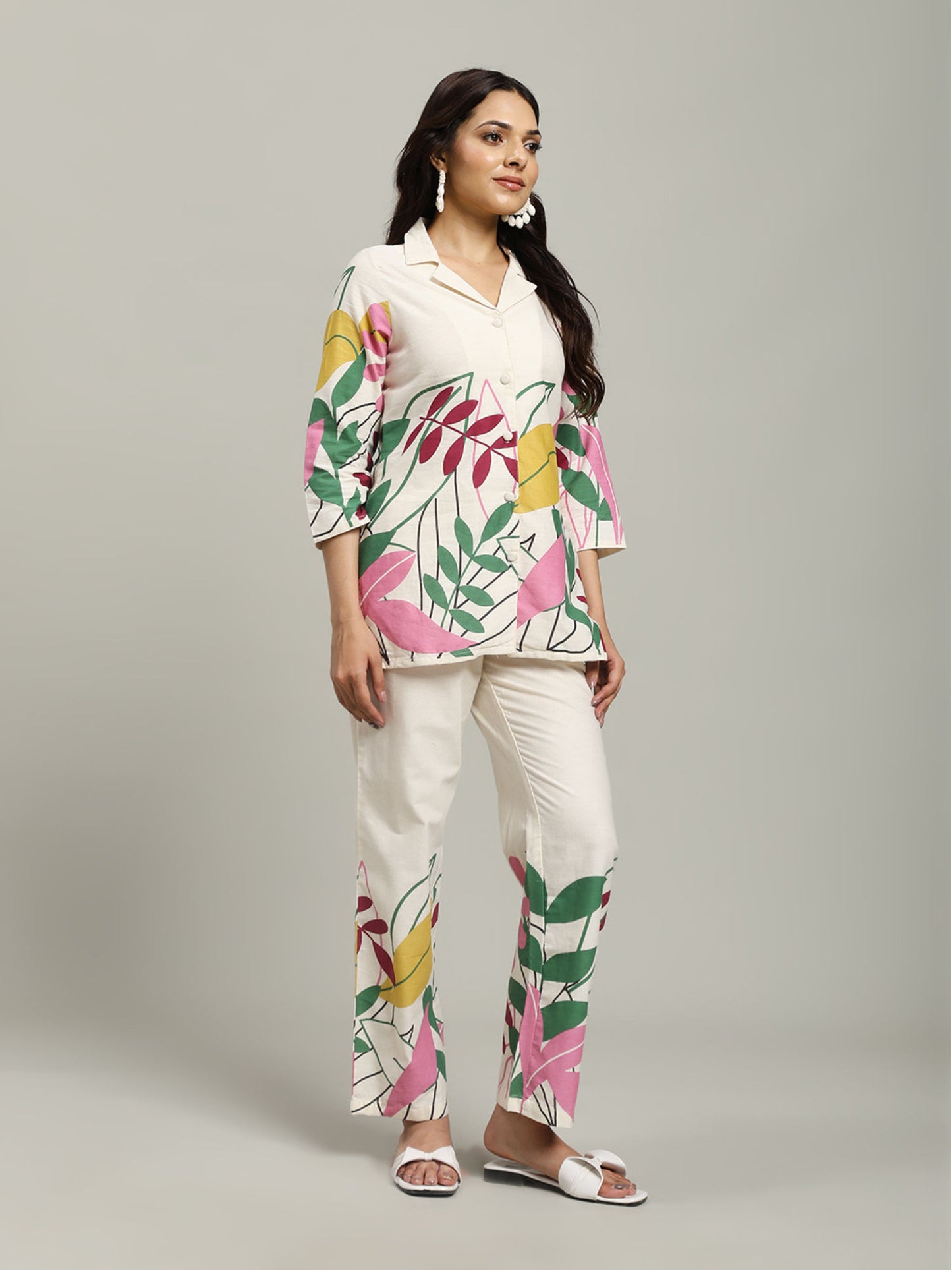Cream Printed Cotton Blend Shirt with Pant