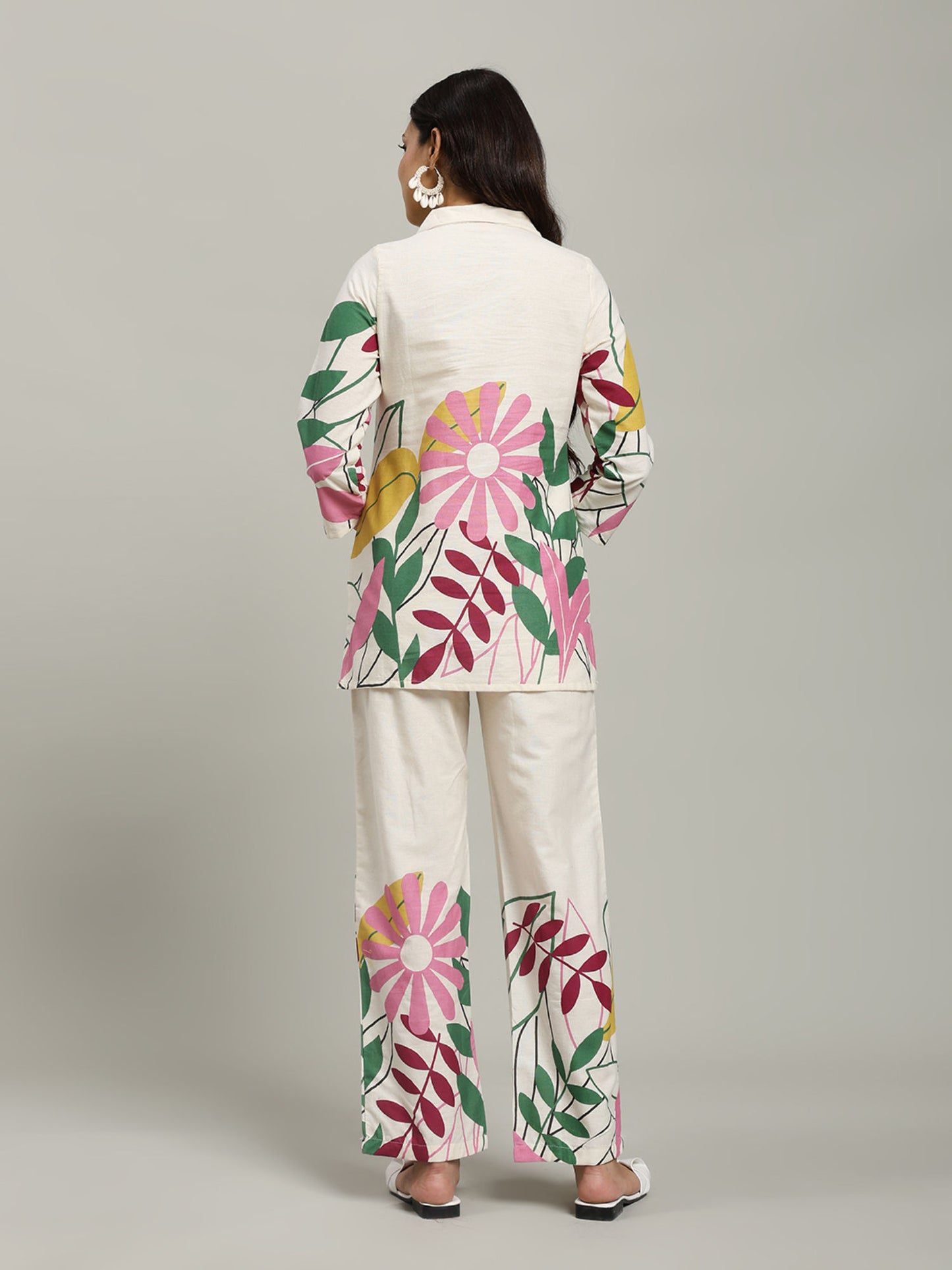 Cream Printed Cotton Blend Shirt with Pant