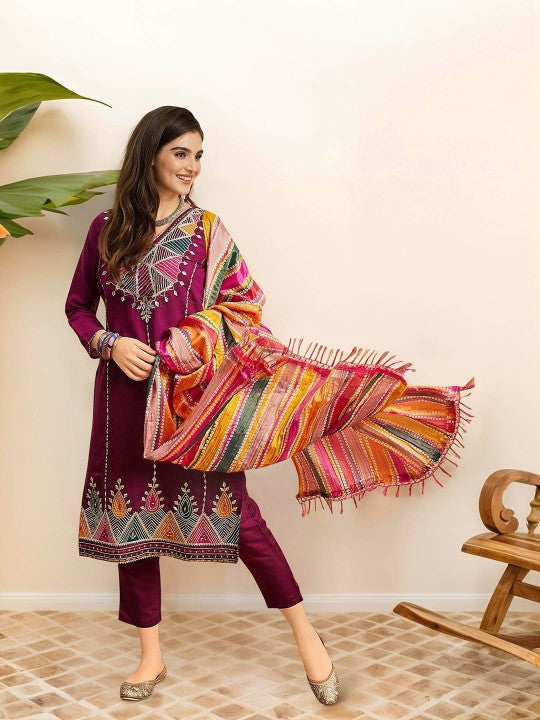 Ishin Ethnic Motifs Embroidered Pure Cotton Straight Kurta with Trousers & Dupatta
