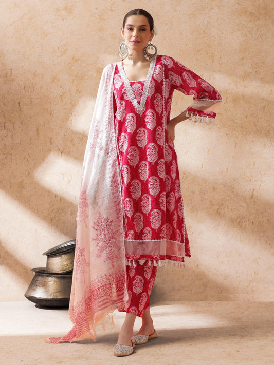 Women Pink Embroidered Kurta with Pant and Dupatta (Set of 3)