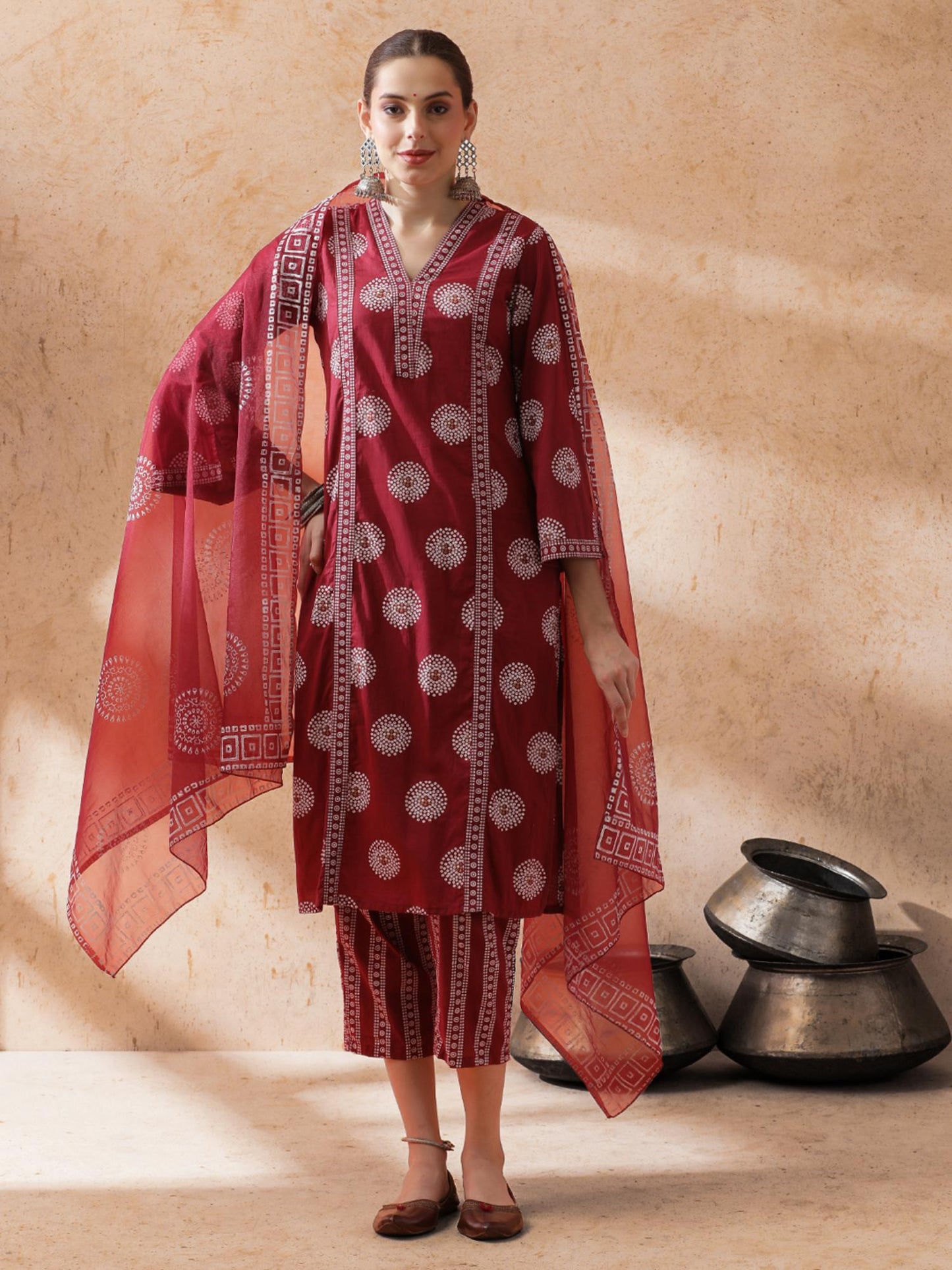 Women Maroon Printed Kurta with Pant and Dupatta (Set of 3)