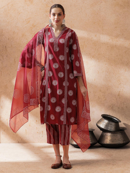 Women Maroon Printed Kurta with Pant and Dupatta (Set of 3)
