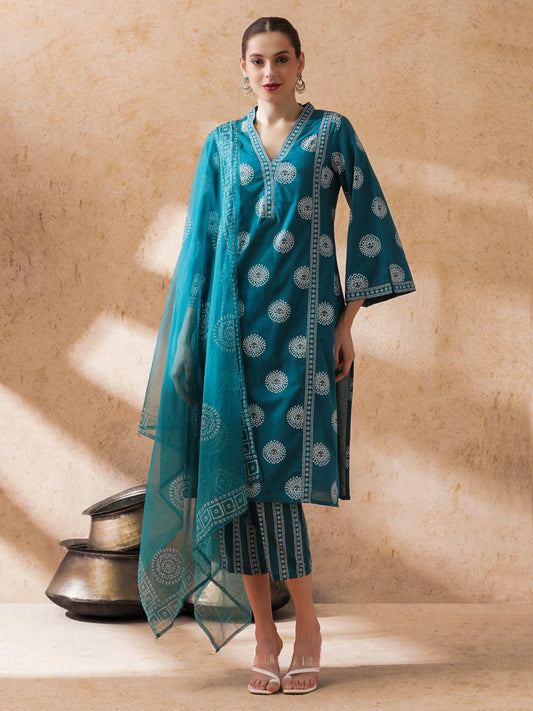 Women Blue Printed Kurta with Pant and Dupatta (Set of 3)