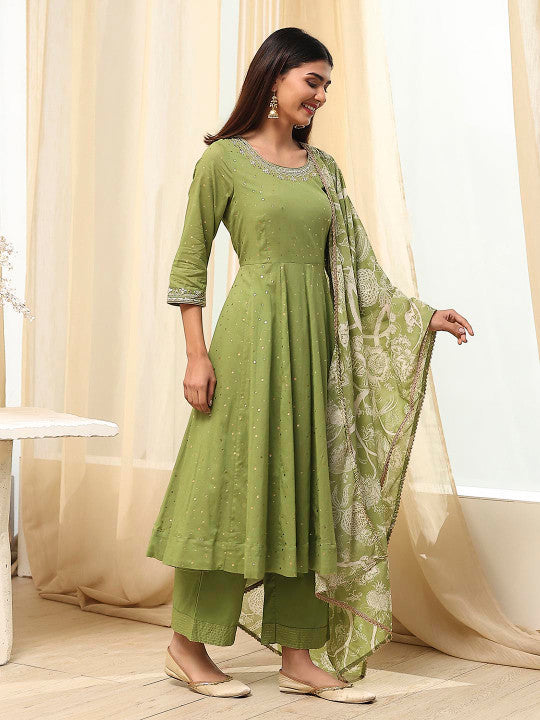 Biba Women Floral Printed Regular Beads and Stones Pure Cotton Kurta with Palazzos & With Dupatta