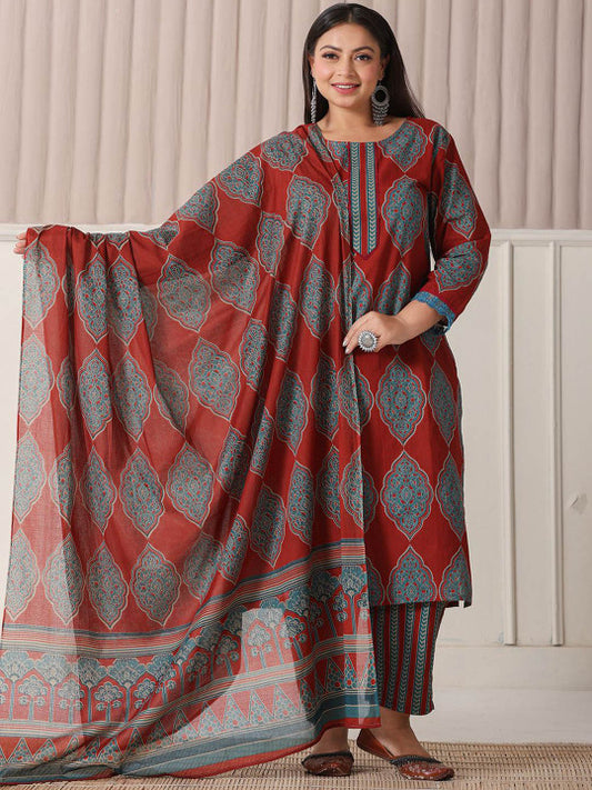 Yufta Plus Size Ethnic Motifs Printed Pure Cotton Straight Kurta With Trousers And Dupatta