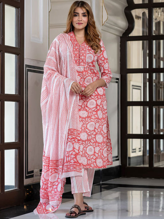 Jaitpuriya Floral Printed V Neck Pure Cotton Straight Kurta & Trousers With Dupatta