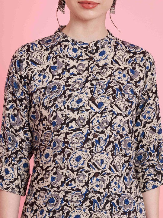 Vbuyz Floral Printed Mandarin Collar Kalamkari Straight Top With Palazzos