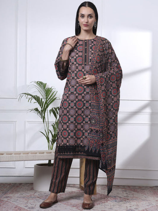 Yufta Women Ethnic Motifs Printed Regular Pure Cotton Kurta with Trousers & With Dupatta