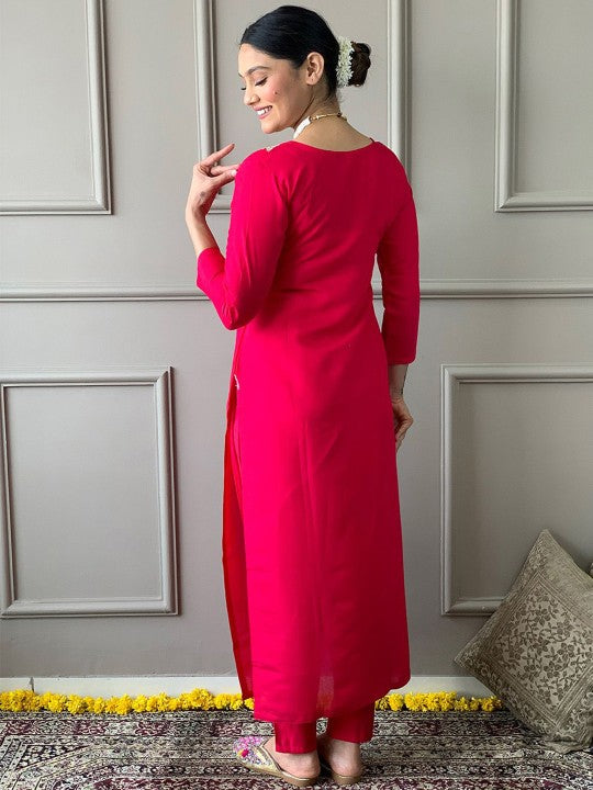 Ishin Women Floral Embroidered Straight Kurta With Trousers & Dupatta