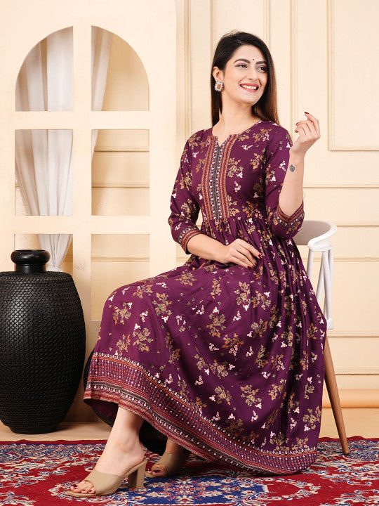 ZELA Floral Printed Notch Neck Anarkali Ethnic Dress