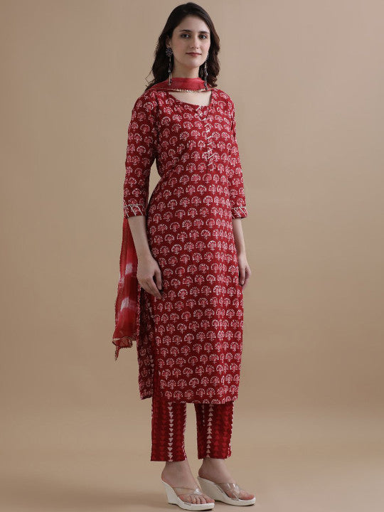 Jaipur Kurti Floral Printed Gotta Patti Pure Cotton Straight Kurta With Trouser & Dupatta
