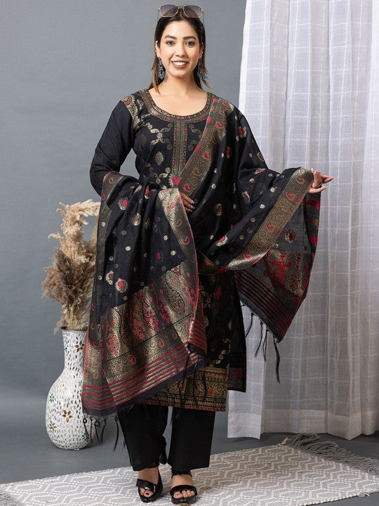 Floral Self Design Round Neck Straight Cotton Silk Kurta