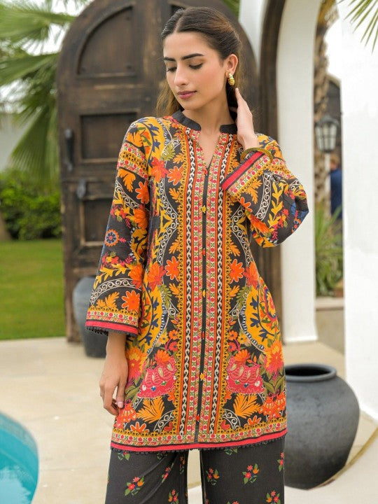 AUTUMN LANE Pavitra Ebony Printed Mandarin Collar Pure Cotton Tunic With Trousers Co-Ords