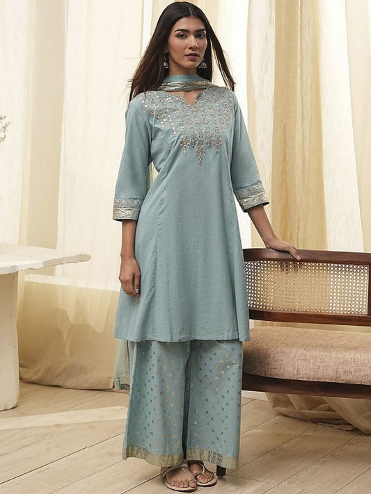 Biba Floral Embroidered Notch Neck Pure Cotton A-Line Kurta