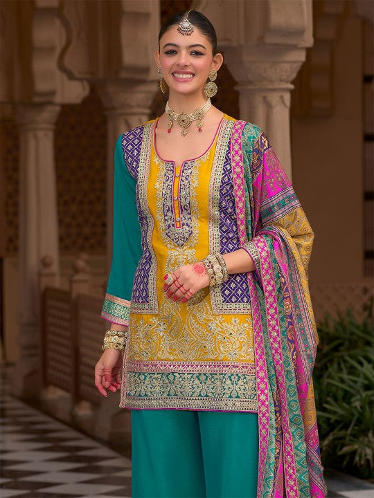 Indo Era Floral Embroidered Notch Neck Mirror Work Kurta