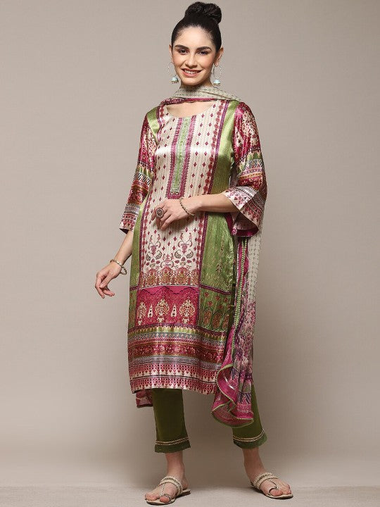 Biba Ethnic Motifs Printed Regular A-LIne Kurta with Trousers & Dupatta