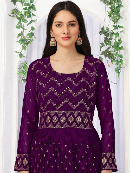 Trendmalls Embroidered Anarkali Sequinned Silk Georgette Kurta with Trousers &  Dupatta