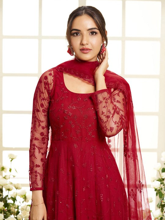 Inddus Floral Embroidered Round Neck Sequinned Anarkali Kurta