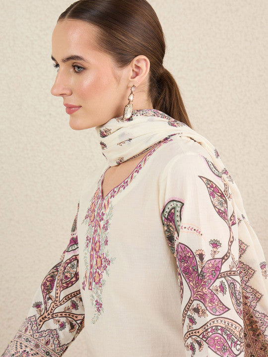 Indo Era Women Floral Printed Cotton Kurta with Trousers & Dupatta