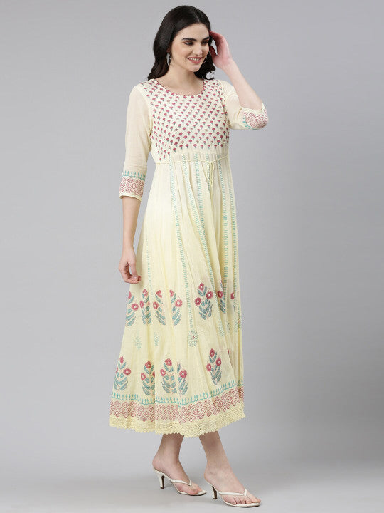 Floral Printed Round Neck Three-Quarter Sleeves Cotton Ethnic Dress