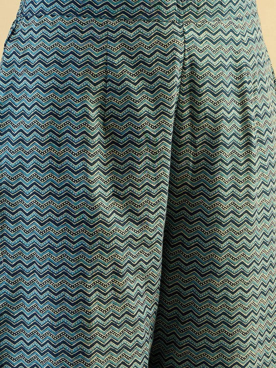 Indo Era Teal blue Ethnic Motifs Printed Pure Cotton Kurta with Trouser & Dupatta