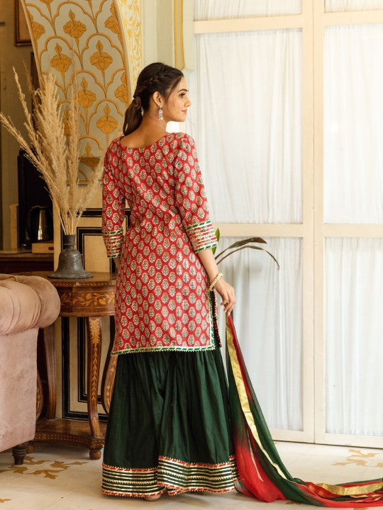 ASHEERA Women Ethnic Motifs Printed Regular Gotta Patti Pure Cotton Kurta with Sharara & With Dupatta
