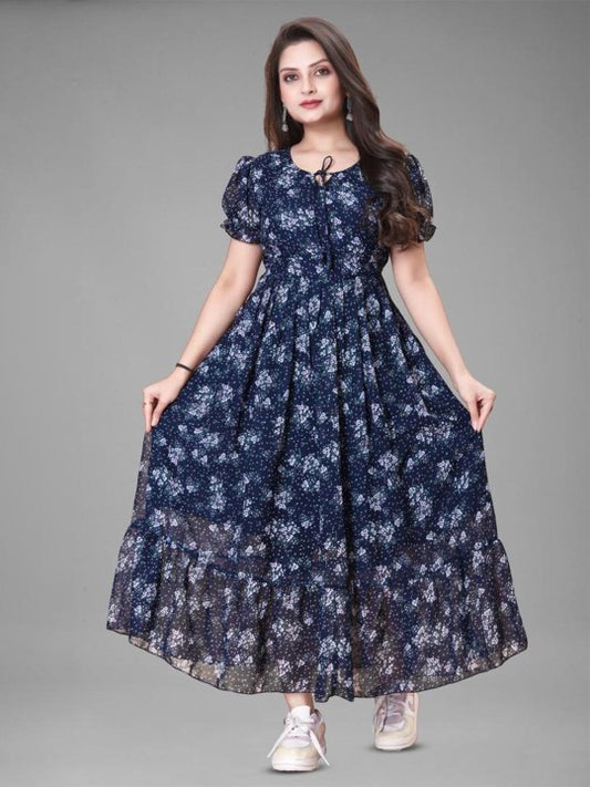 BAESD Floral Print Tie-Up Neck Puff Sleeve Maxi Dress