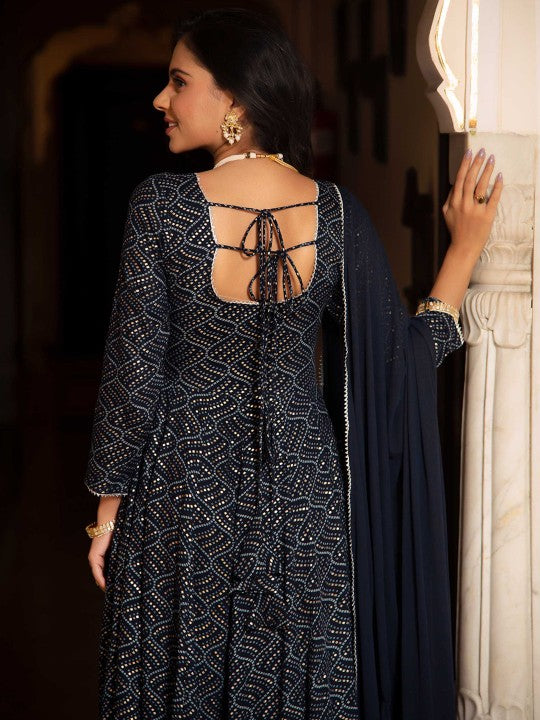 Calmna Women Bandhani Printed V Neck Gotta Patti Kurta with Trousers & Dupatta