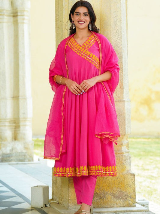 Ambraee Anarkali Mirror Work Organic Cotton Kurta with Trousers & Dupatta