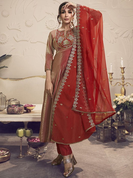 Inddus Women Floral Yoke Design Thread Work A-Line Crushed Organza Kurta