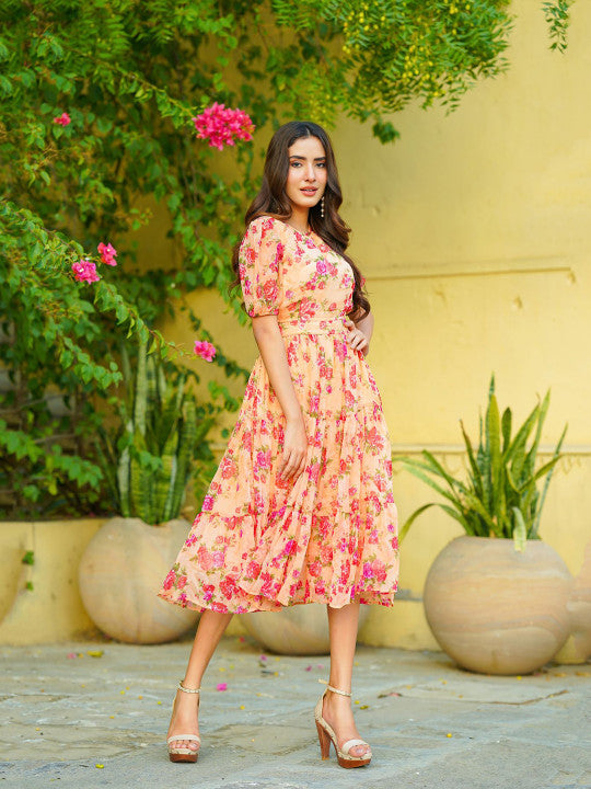 Ambraee Floral Print Chiffon Midi Fit and Flare Dress