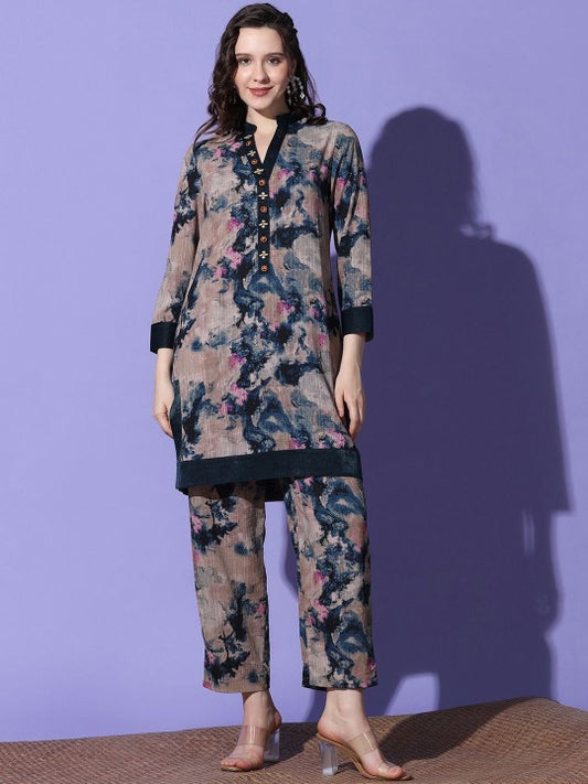 FUTURO Mandarin Collar Printed Top With Trouser