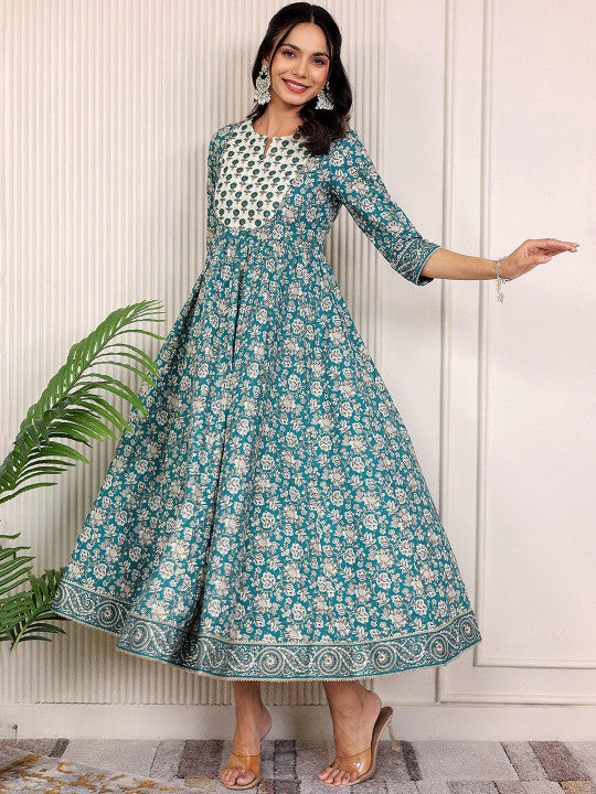 GULAB CHAND TRENDS Floral Printed Notch Neck Cotton Fit & Flare Midi Ethnic Dress