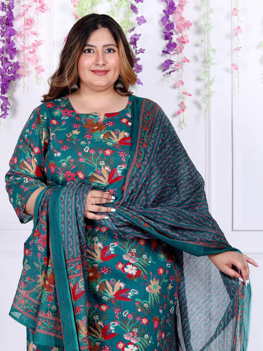 Swasti Plus Size Floral Printed Regular Pure Cotton Kurta with Trousers & Dupatta
